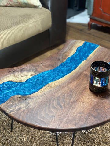 Small blue crescent river table